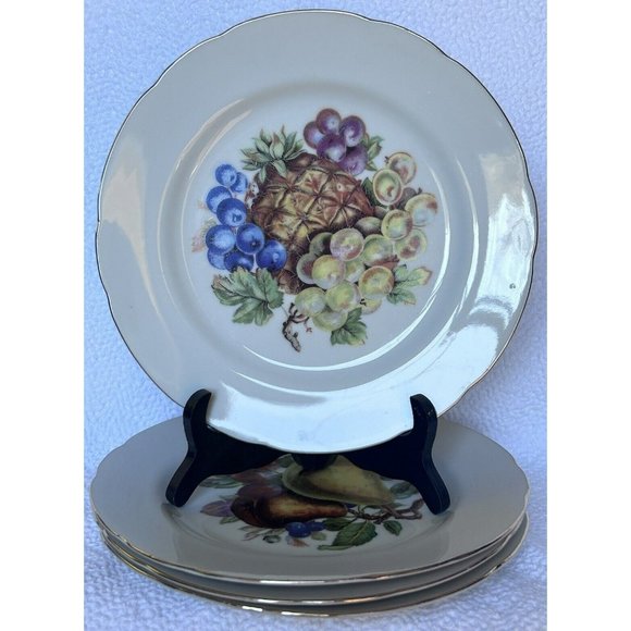 LM Lipper Mann Royal Halsey Snack Plates Set Of 4 Fruit Motifs Gold Trim EUC